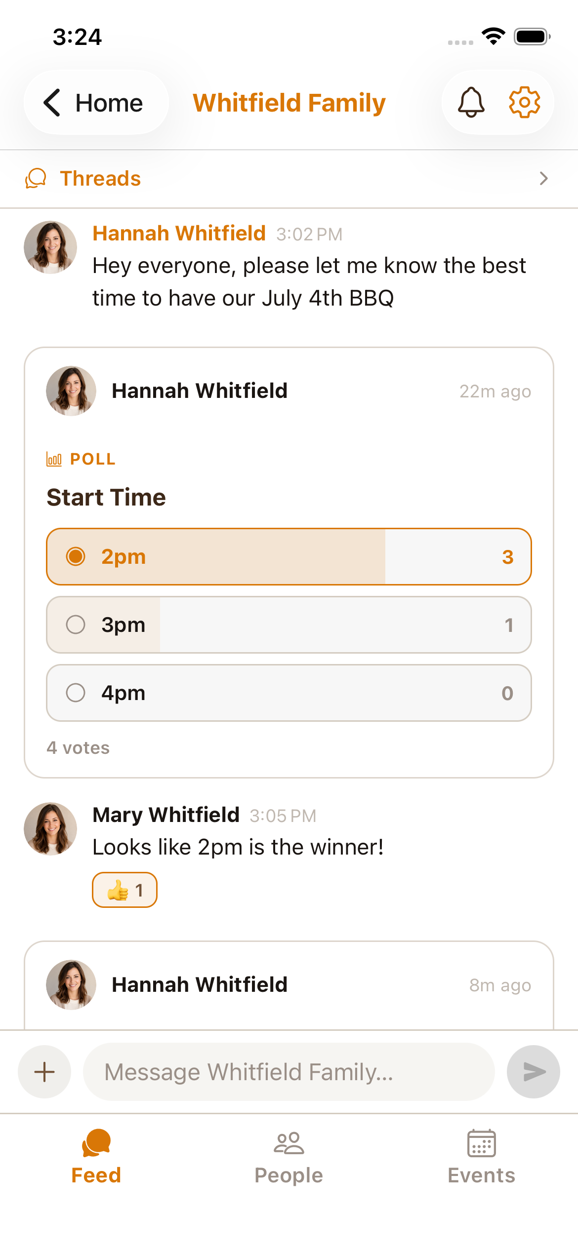 The GroupKith app open to the Whitfield Family group — a chat feed with a poll asking the best start time for the July 4th BBQ