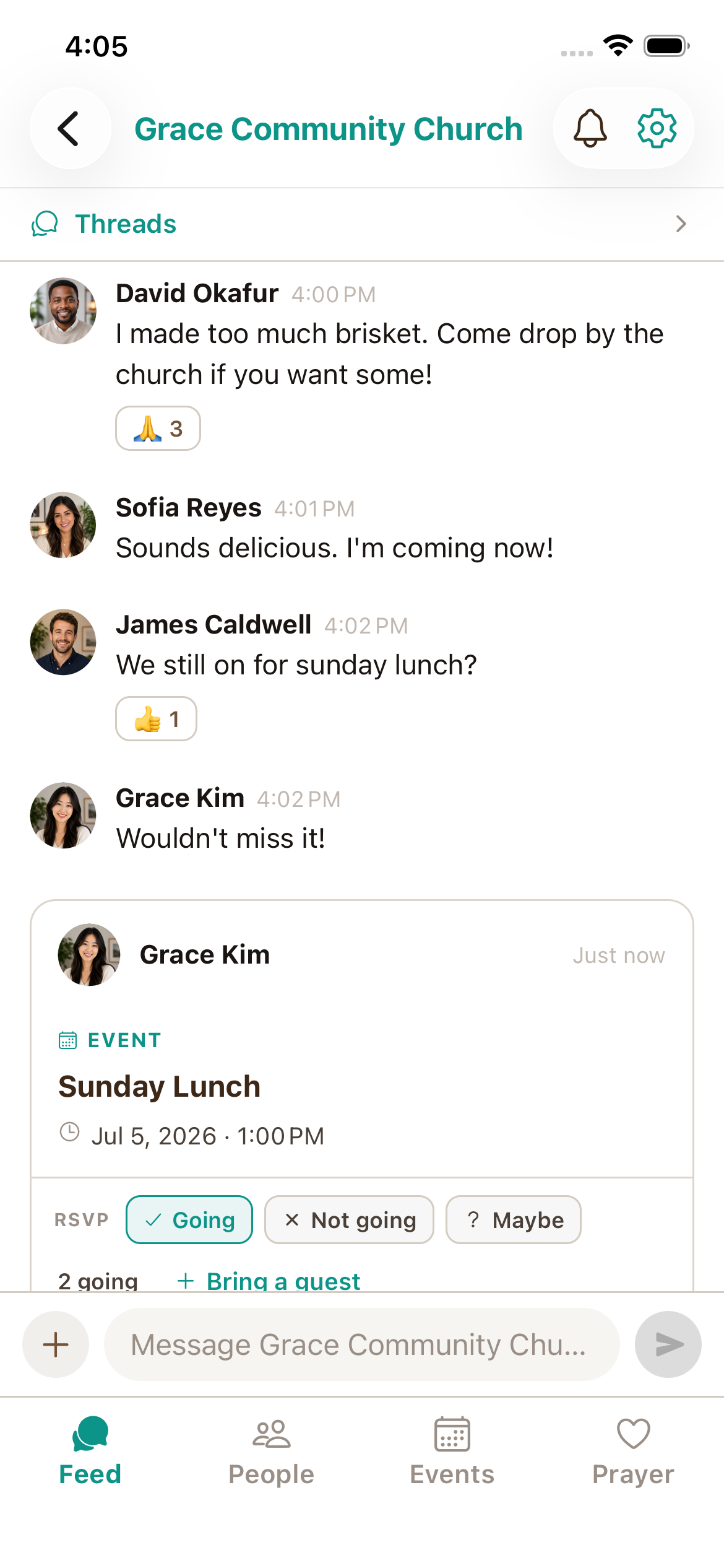 The GroupKith app showing Grace Community Church's calm, chronological feed — neighbors sharing brisket and planning Sunday lunch, with an inline event card