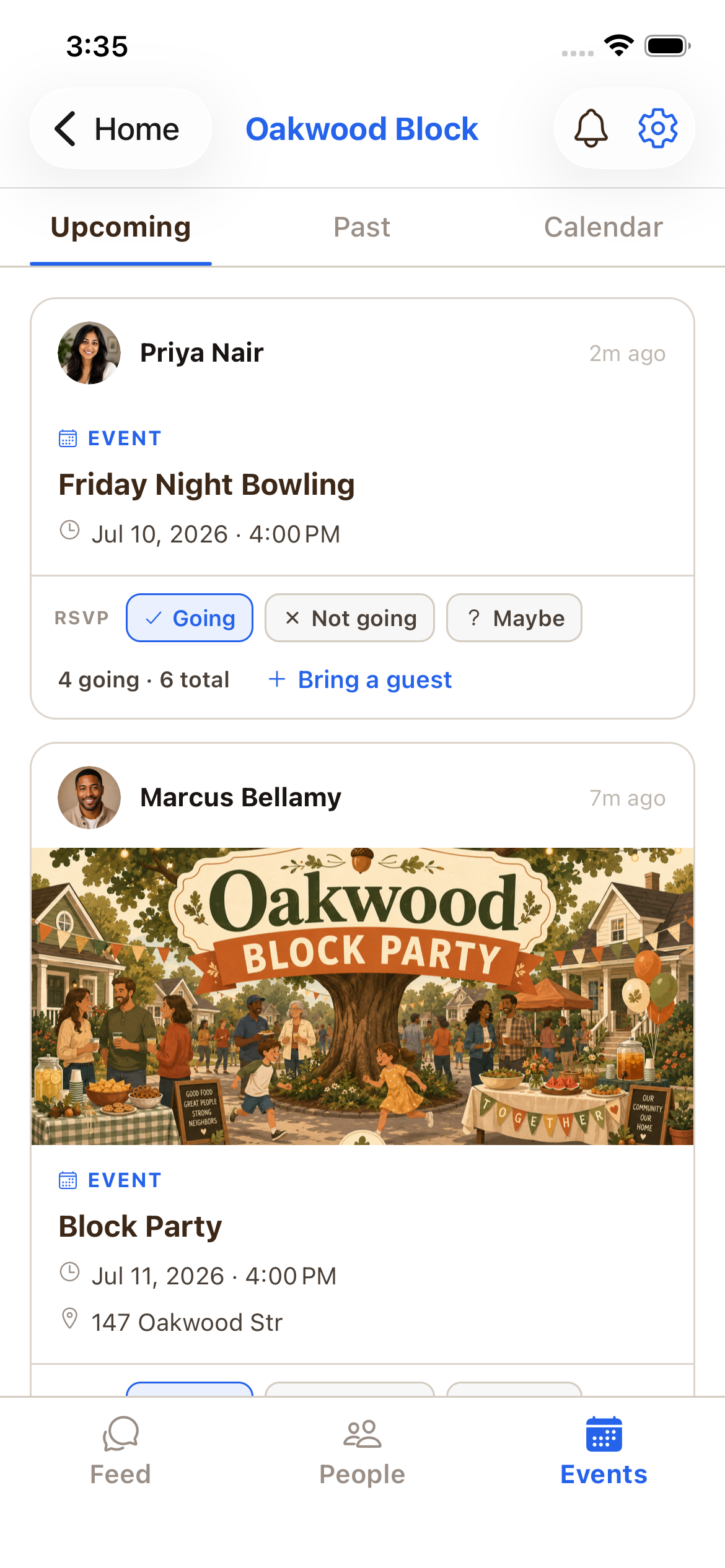 The GroupKith app showing the Oakwood Block community's Events tab — Friday Night Bowling and the Block Party, each with its own RSVPs